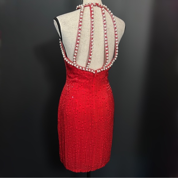 Vintage 80s Red Silk Beaded Pearl Oleg Cassini Black Tie Cocktail Dress Glam 2 - Picture 2 of 11